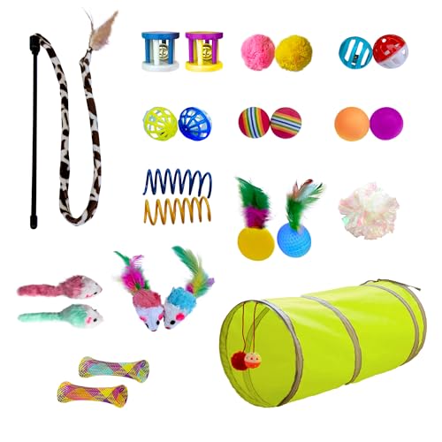 PetLike 25pcs Interactive Cat Toys Set Collapsible Cat Tunnel Interactive Feather Teaser Wand,Spring Toys & Balls for Indoor Cats (Green, 25x55cm) - color: Green