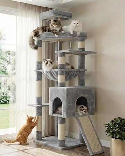 Heybly 64.2" Heavy-Duty Cat Tree for Large Cats with Wide Base HCT027W - color: Light Gray, size: 64.2 inch