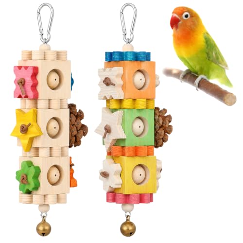 2 Pcs Bird Chew Toys for Parrots, Rotating Wooden Block Foraging Toy with Pine Cones & Bell, Hanging Multi-Layer Parrot Enrichment Cage Accessories for Beak Grinding, for Conure, Cockatiel, Budgie