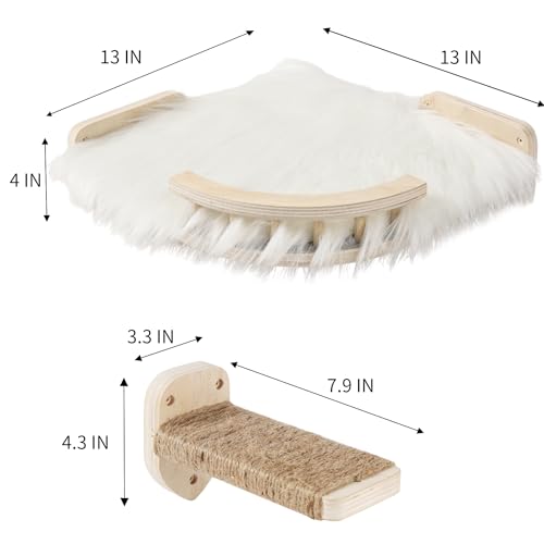 Cat Wall Shelves - 3 Steps Scratch Post & Hammock Bed with Plush Cover, Climbing Shelf for Indoor Cats (Wood)