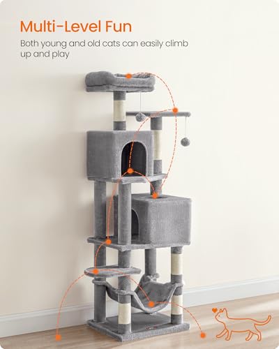 Feandrea Cat Tree, 59.5-Inch Tall Cat Tower, Multi-Level Condo, Light Gray - color: Light Gray, size: 59.5 Inches