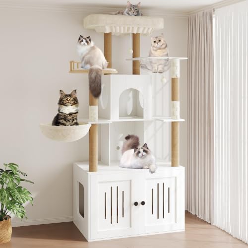Cat Tree with Litter Box Enclosure, Multi-Level Cat Tower with Hidden Litter Box Furniture, Large Plush Top Perch, Sisal Scratching Posts, Cat Condo & Hammock for Indoor Cats, Living Room, Retro White - color: Retro White