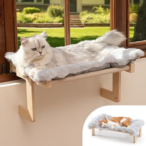 FUKUMARU Cat Window Perch, Sturdy Wood Hammock Window Bed for Indoor Cats - color: Grey