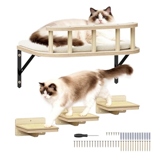 17" × 13" Large Cat Wall Shelves- Wall Climber Wooden Furniture Cat Shelf with Cushion and 3 Wide Perch Steps for Large Cats and Kittens Sleeping, Playing, Climbing