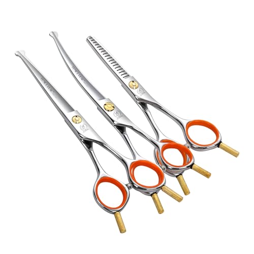 5" 3-in-1 Dog Grooming Scissors Set with Comb, Straight, Curved & Thinning Shears, Japanese 440C Stainless Steel Pet Grooming Kit for Dogs and Cats, Sharp Durable Blades - color: Combo, size: 5"