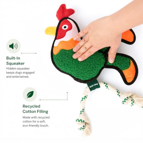 Green Sheep Squeaky Plush Dog Toy, Interactive Rope Toy with Recycled Materials for Tug, Fetch and Play, Medium to Large Dogs, Chew Toy, Cock - color: Rooster
