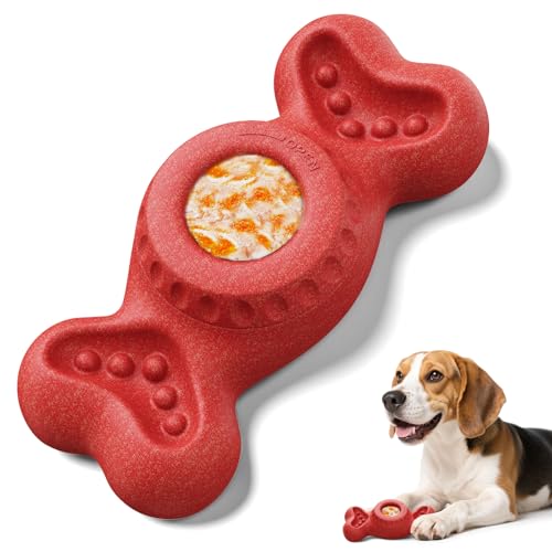 3-in-1 Enrichment Dog Toy for Aggressive Chewers, Frozen Treat Toy & Interactive Treat Dispenser with Peanut Butter Grooves, Long Lasting Slow Feeder Chew Toy for Large Dogs,Easy to Clean,Red - color: Red