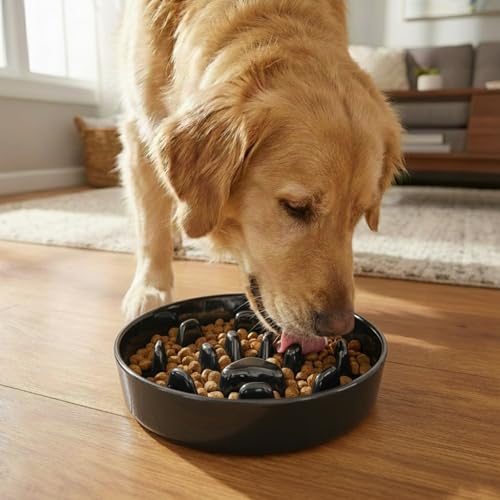 Ceramic 1.5 Cup for Small & Medium Breeds Slow Feeder Dog Bowl (Black) - color: Black