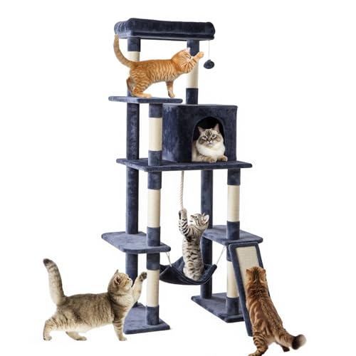 Sweetcrispy 63 Inch Cat Tree Tower with Natural Sisal Scratching Post - color: Dark Grey, size: 63IN