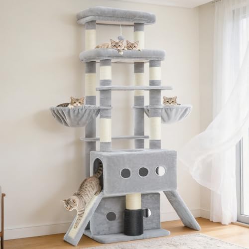 Hey-brother Cat Tree Tower with Multi-Level Platforms, Cozy Condos, MPJ085W - color: Light Gray, size: 71.5 Inches