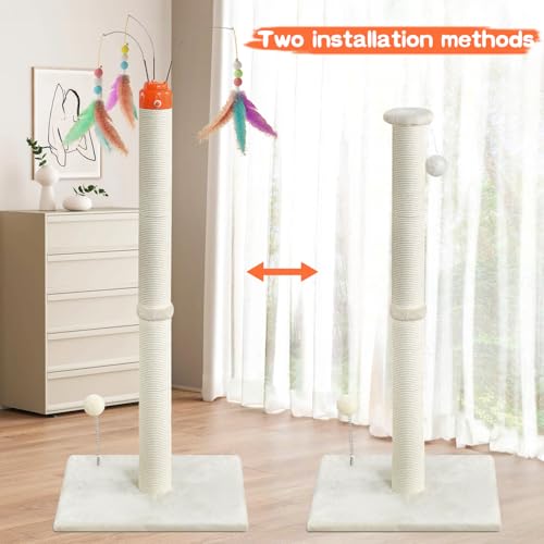 YARUOMY Cat Scratching Post ，41.3" Sisal Rope Cat Scratcher Tall Scratching Post for Indoor Cats Adult with Interactive Cat Toys Automatic Teaser Wand and Rotating Hanging Balls - size: 41.3"H