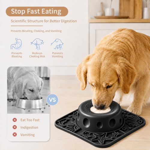 Dog Licking Slow Feeder Bowl with Rolling Ball Anti-Gulping, 2 in 1 Dog Non-Slip Lick Mat, Edible Silicone for Wet Food, Yogurt, Bone Broth, Nutrient Solution Black - color: Black, size: Single