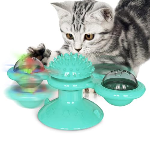 Pet Life ® 'Windmill Fidget' Glass or Surface Suction Cup Grip Spinning and Feeding Interactive Cat Toy with Ball and Catnip - color: Blue