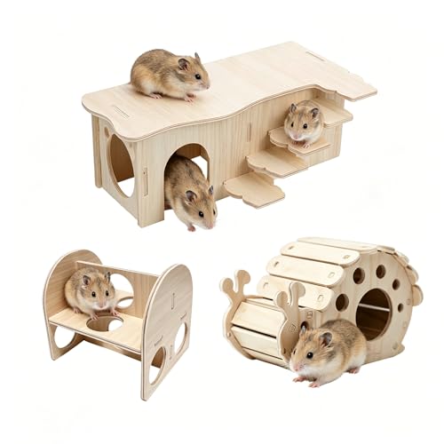 3 Pcs Wooden Hamster Platform Set,Snail‑Shaped Hideout with Climbing Ladder - color: N