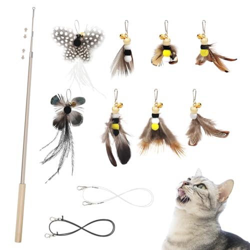 SONGWAY Cat Teaser Wand Toy - 9 Piece Retractable Set, Insect Worm Replacement Teaser with Bell, Interactive Cat Toy for Indoor Kittens - size: Insect Cat Wand Toys 9 Pieces