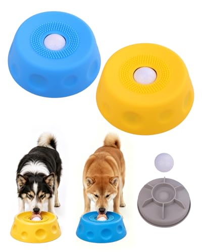 2 Pack Slow Feeder Dog Bowl with Rolling Ball, Interactive Lick Bowl for Dogs & Cats Anti-Slip Silicone Lick Mat for Liquid Treat Wet Food Bone Broth Enrichment Toy for Small Medium Large Dogs - color: Blue & Yellow