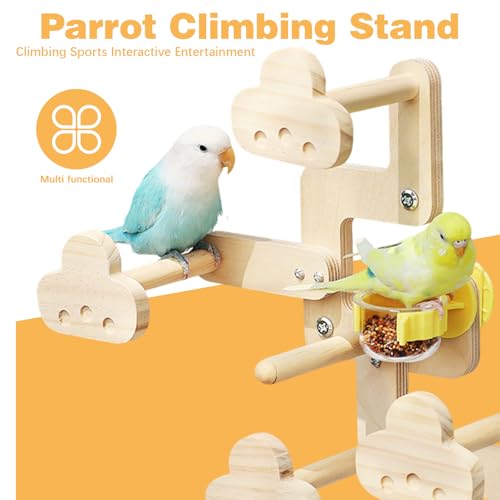 Parrots Playground,Natural Wood Perch Stand with Feeding Cups,Parrots Play Gym,Birds Perch Stand for Budgie Conures Cockatoos Lovebirds(Includes PVC Food Bowl) - color: wood