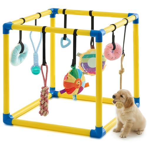 Soulchen Puppy Play Gym with 8 Hanging Toys, Small Dogs Enrichment Interactive Toys 16.5 Inch Pets Indoor Jungle Gym PVC Frame with Bungee Straps Enrichment Activity Center