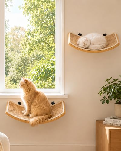 Curved Cat Wall Hammock with Scratchable Sisal Pad, Large Floating Cat Shelf for Wall, Wall Mounted Beige Bed for Playing, Climbing, and Sleeping - color: 1 Curved Bed (Sisal Mat)