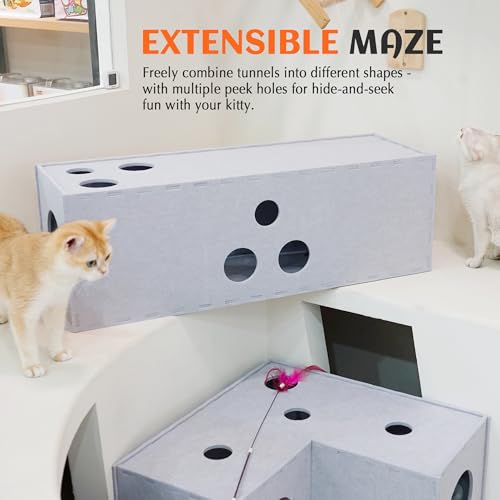 PETKARAY Cat Tunnel, Original Cat Hideaway Cave for Indoor Cats, Large Kitten Play Tubes and Tunnels, Soft Felt Cat Toy with Interactive Peek Hole， Grey Straight - color: Grey, size: Straight Tunnel