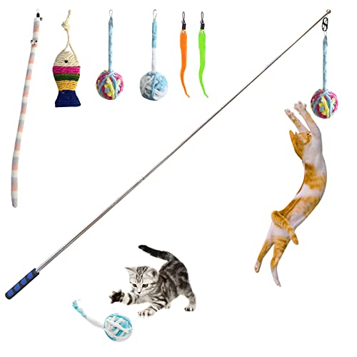 Retractable Cat Wand, 7 Pack Super Long 55.1" Wand Toy with Ball of Yarn, Feather Teasers - Interactive Indoor Cat Toys for Kittens & Cats