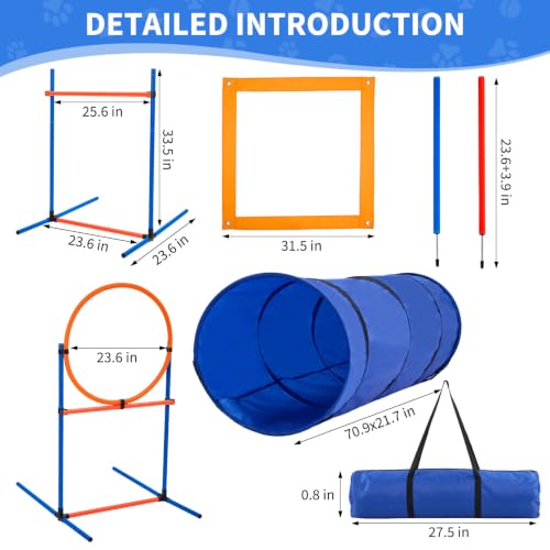5 in 1 Dog Agility Equipment Set, Complete Agility Training Equipment Kit with Dog Tunnel, Adjustable Jump Hurdle, Jump Ring, Weave Poles & Pause Box, Portable Plastic Pet Obstacle Training Gear