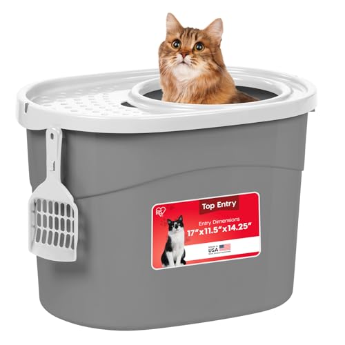 IRIS USA Top Entry Cat Litter Box, Hooded Privacy, Large, Gray/White - color: Gray w/ Scoop, style: Oval