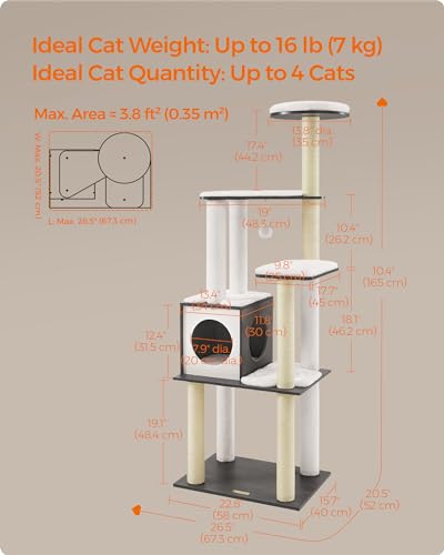 Feandrea Cat Tree, 65-Inch Multi-Level Tower with 5 Scratching Posts - color: Misty Gray