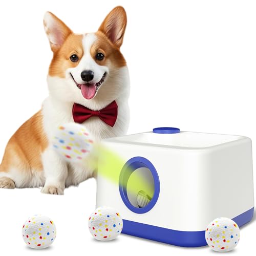 Automatic Dog Ball Launcher, Dual Auto-Manual Modes with Dog Barking Sound, Interactive Dog Fetch Toy, 3 Adjustable Distances, Dog Balls Thrower for Small & Medium Dogs, with 4 Durable ETPU Balls - color: White and Blue