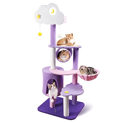 59 Inch Cloud Cat Tree for Indoor Large Cats, Cute Purple Pink Cat Tower - size: 59 Inch Cat Tree