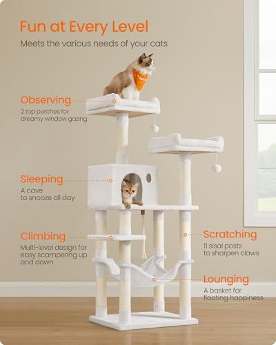 Feandrea Cat Tree, 55.8-Inch Tall Cat Tower Condo Indoor, Light Warm White - color: Cream White