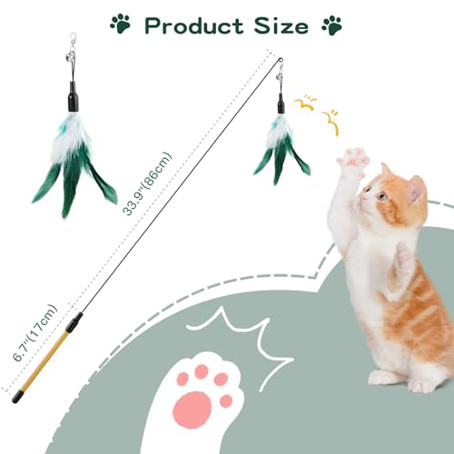 Pawaboo Cat Feather Wand Interactive Toy, 2 Feathers + 1 Wand with Bell - color: White & Green