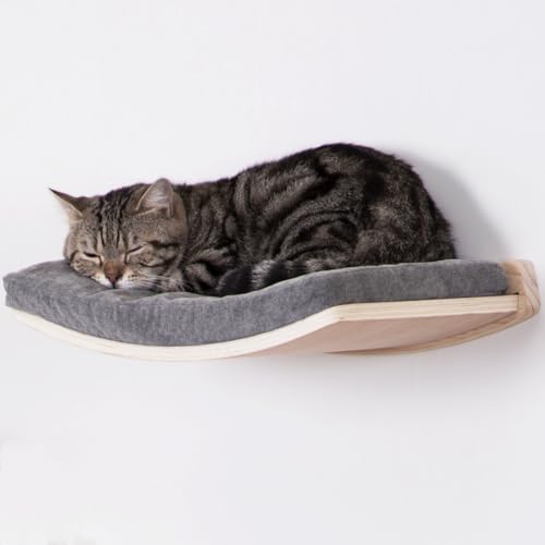Curved Cat Shelves and Perches, Floating Cat Wall Bed with Comfortable Cushion - color: Wood Shelf+Grey Cushion