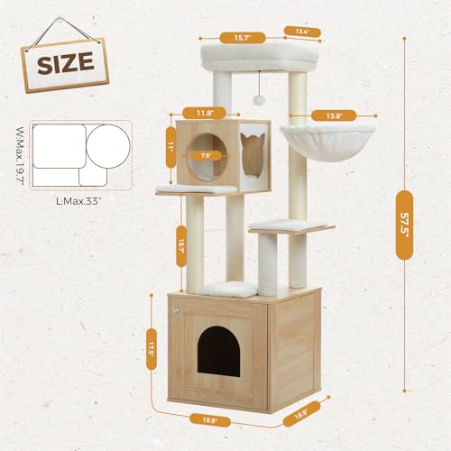 PEQULTI 57.5" Cat Tree with Litter Box Enclosure, Wood Cat Condo, Beige - color: Beige, size: XL(18.9"L x 18.9"W x 57.5"H)