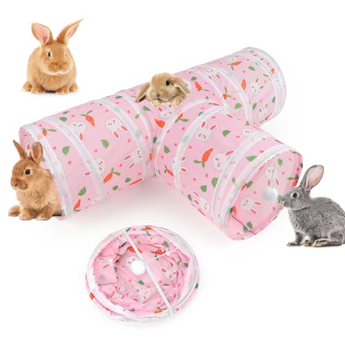 BWOGUE Bunny Tunnels & Tubes, 3-Way Collapsible Rabbit Hideout for Bunnies - color: Pink