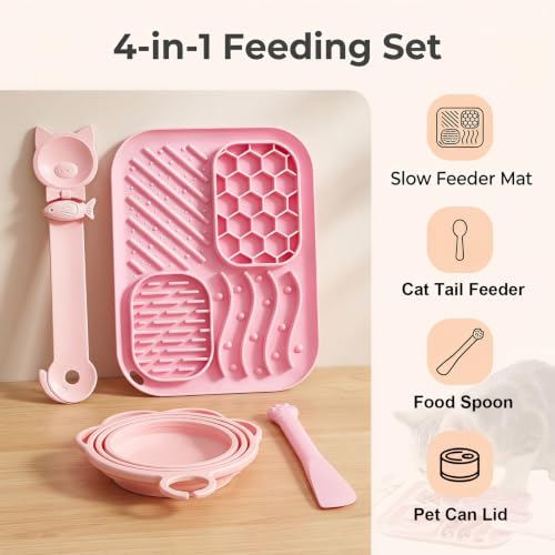 4-Piece Slow Feeder Cat Bowl Set, Lick mat for Cats