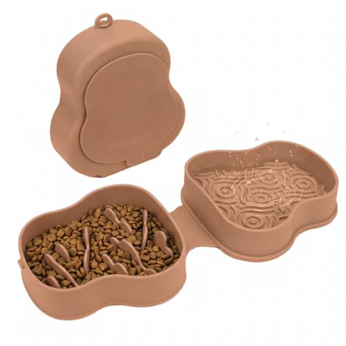 Collapsible Dog Travel Bowl with Lid, Slow Feeder (Khaki) - color: khaki