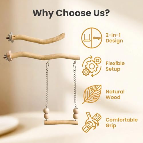 Bird Perch and Swing for Small Birds, Natural Wood Cage Accessories - size: Short