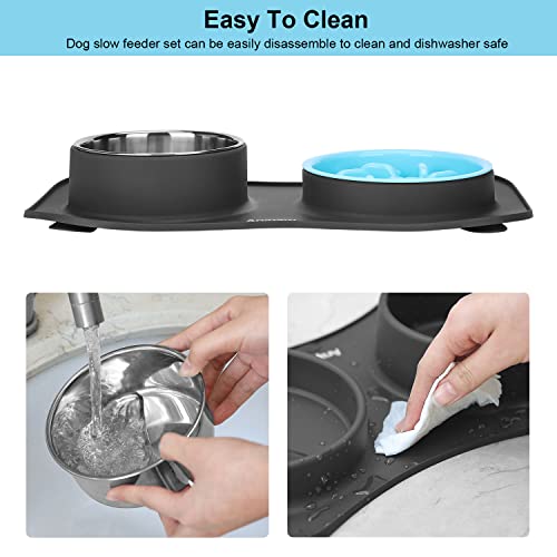 Slow Feeder Dog Bowls 3 in 1 Stainless Steel Food Water Bowl to Slow Eating - color: Dark Grey, size: Small ＆ Medium Breed