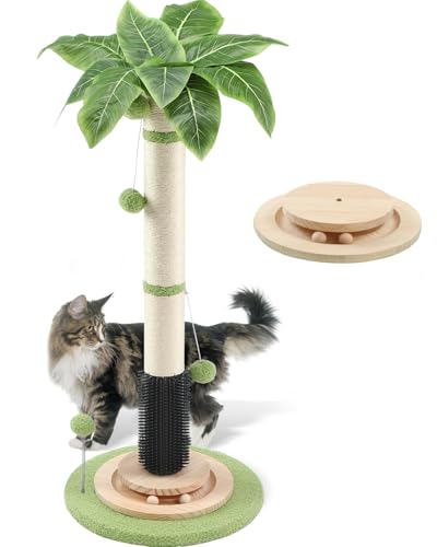 39.4'' Tall Cat Scratching Post,3.5 Inch Wide Sisal Cat Scratcher Tree with Leaves,Interactive Cat Toys for Indoor - color: green-39.4inch