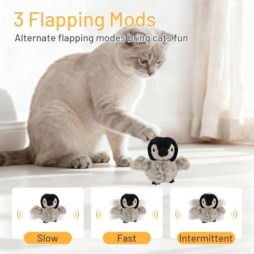 Puffluv Flapping Cat Toy,Interactive Penguin Flapping Bird,CAN NOT Fly Auto Chirping & Beating Wings 5 Modes, USB Charging with Catnip for Indoor Kittens Active Fun - style: Penguin
