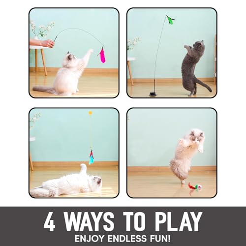 4-in-1 Interactive Cat Toys Set - Feather, String,Suction Cup Cat Toy Stick & Wand Toys with 15 Replaceable Attachments for Indoor Cats