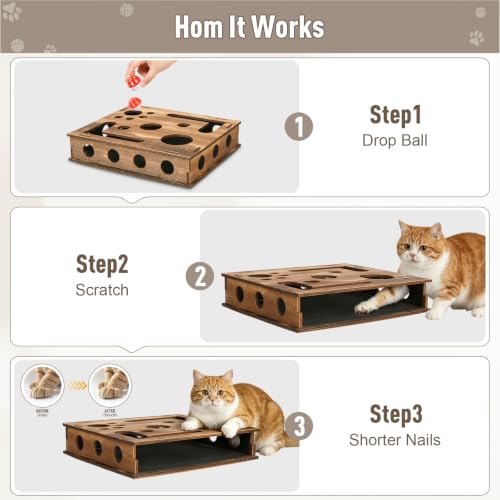 Zayeemi Cat Scratching Educational Box Wooden Interactive Toy Spring Feather Teasing Cat Wand Bell Ball for Indoor Cat Fun