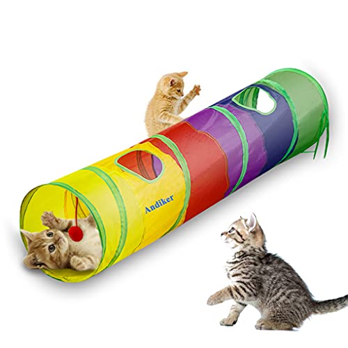 Andiker Cat Tunnel for Indoor Cats, 45" Long Rainbow Collapsible Kitten Tube with a Fun Ball and 2 Holes Cat Play Tunnel, Rabbit Tunnel for Kittens Exercising Hiding Training and Running(Colorful) - color: colorful
