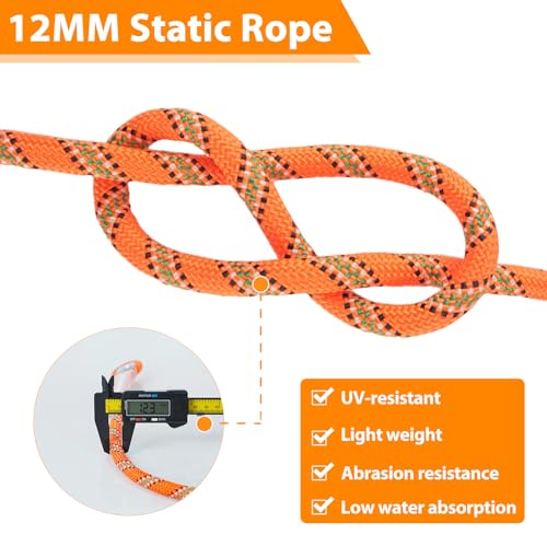 Static Climbing Rope - 12mm High Strength Arborist Rope 98FT for Outdoor Rappelling, Swing, Rigging, Tree Work, Camping - Orange - color: Orange, size: 98FT