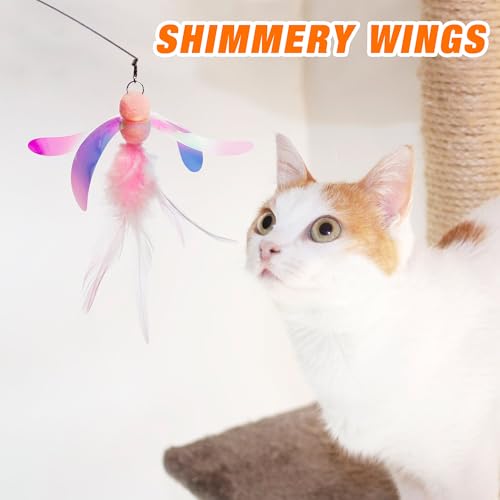 JXFUKAL Cat Feather Toy Refills, 4Pcs Simulation Butterfly Dragonfly Glitter Piece Feather Cat Lures Wand Attachment Replacement for Kitty Kitten Indoor Cats Accessories - color: 4PCS REFILLS