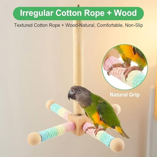 Parrot Interactive Rotating Perch, 360°Silent Free-Spin, Hanging Bird Perch Toy with Poplar Swing for Parrots, Parakeets, Cockatiels, Small to Medium Birds