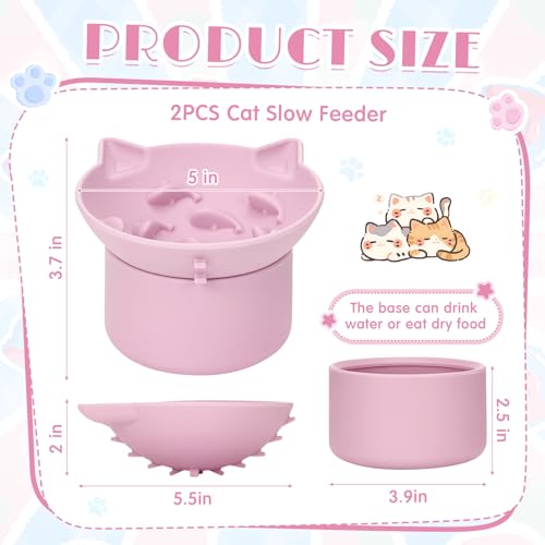 Funnymoom 2 Pack Silicone Cat Slow Feeder, Elevated Slow Feeder Cat Bowl for Dry and Wet Food, Tilted Design with Non Slip Base, Adjustable Angle for Pet(Pink and Blue) - color: Pink and Blue