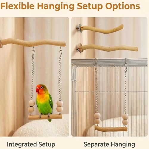 Bird Perch and Swing for Small Birds, Natural Wood Cage Accessories - size: Short