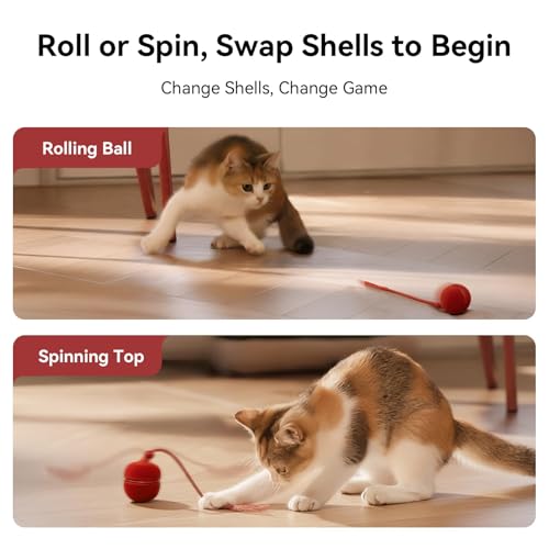 Cheerble 2 in 1 Interactive Cat Toys for Indoor Cats - Wicked Ball Duo2 Automatic Cat Toy, Dual Interchangeable Shells, Electric Moving Cat Ball with Tail & Chirping Sounds, Red